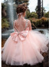 Pink Lace Tulle Beaded V Back Flower Girl Dress